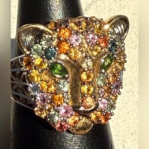 Michael Valitutti Ring Panther sapphires eyes:green chrome diopside SS w 18k 9.5